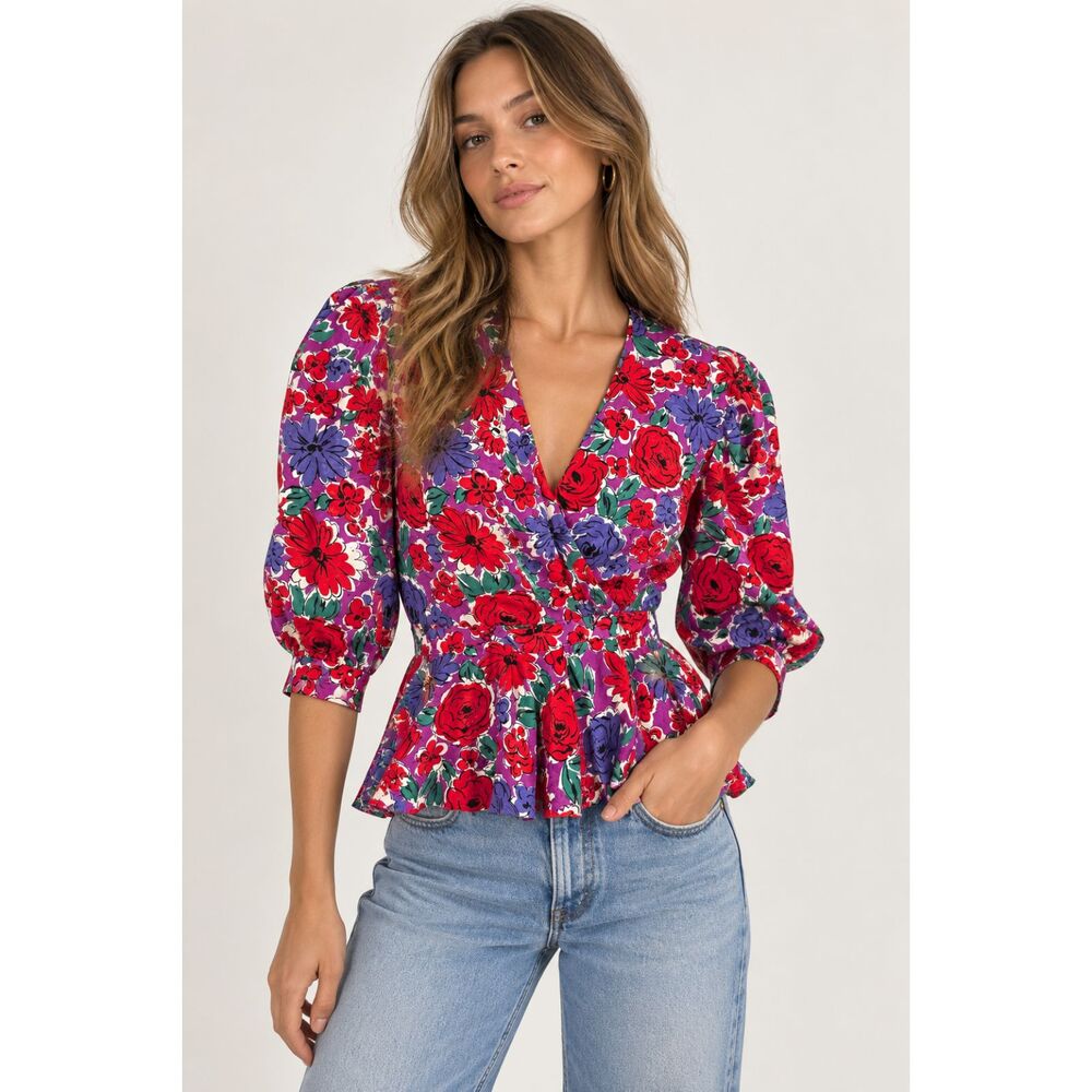 ADRIANNA PAPELL Floral Vintage 100% Silk Blouse Sz 4
